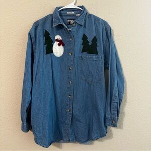 PTNY Denim Shirt Long Sleeve Button Down Snowman Tree Design Vintage Holiday
